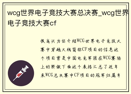 wcg世界电子竞技大赛总决赛_wcg世界电子竞技大赛cf