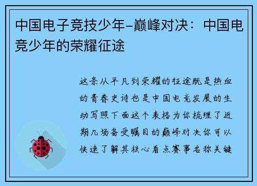 中国电子竞技少年-巅峰对决：中国电竞少年的荣耀征途